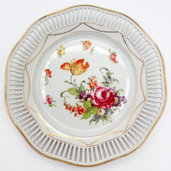 Bavarian Floral Plate Reticulated Hand Painted Bouquet Gold Trim Rim Garland - Picture 13 of 13